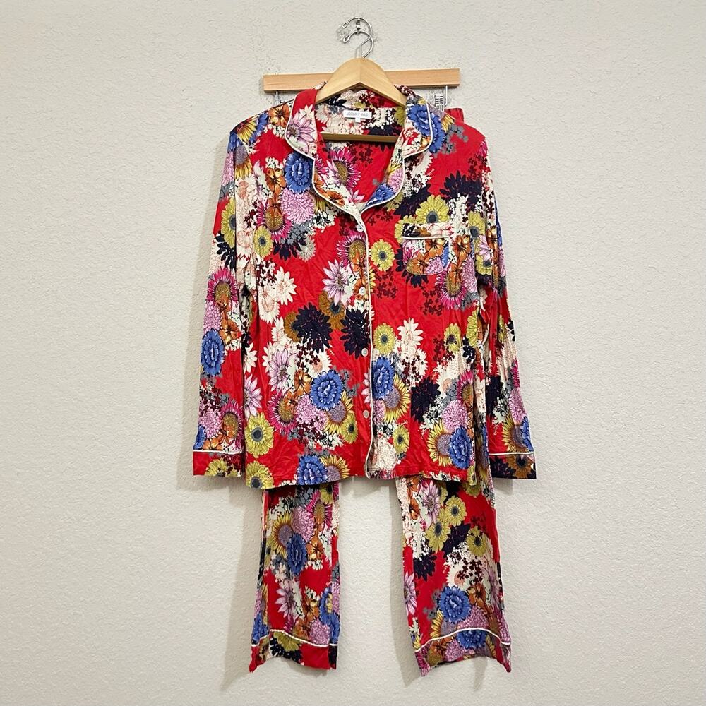 JOHNNY WAS Pajama Set Red Floral Cotton Button Up Sleepwear Lounge